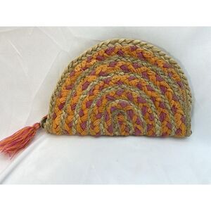 Medium Size Woven Straw Clutch  Purse Half‎ Moon Shaped Pink Orange Striped